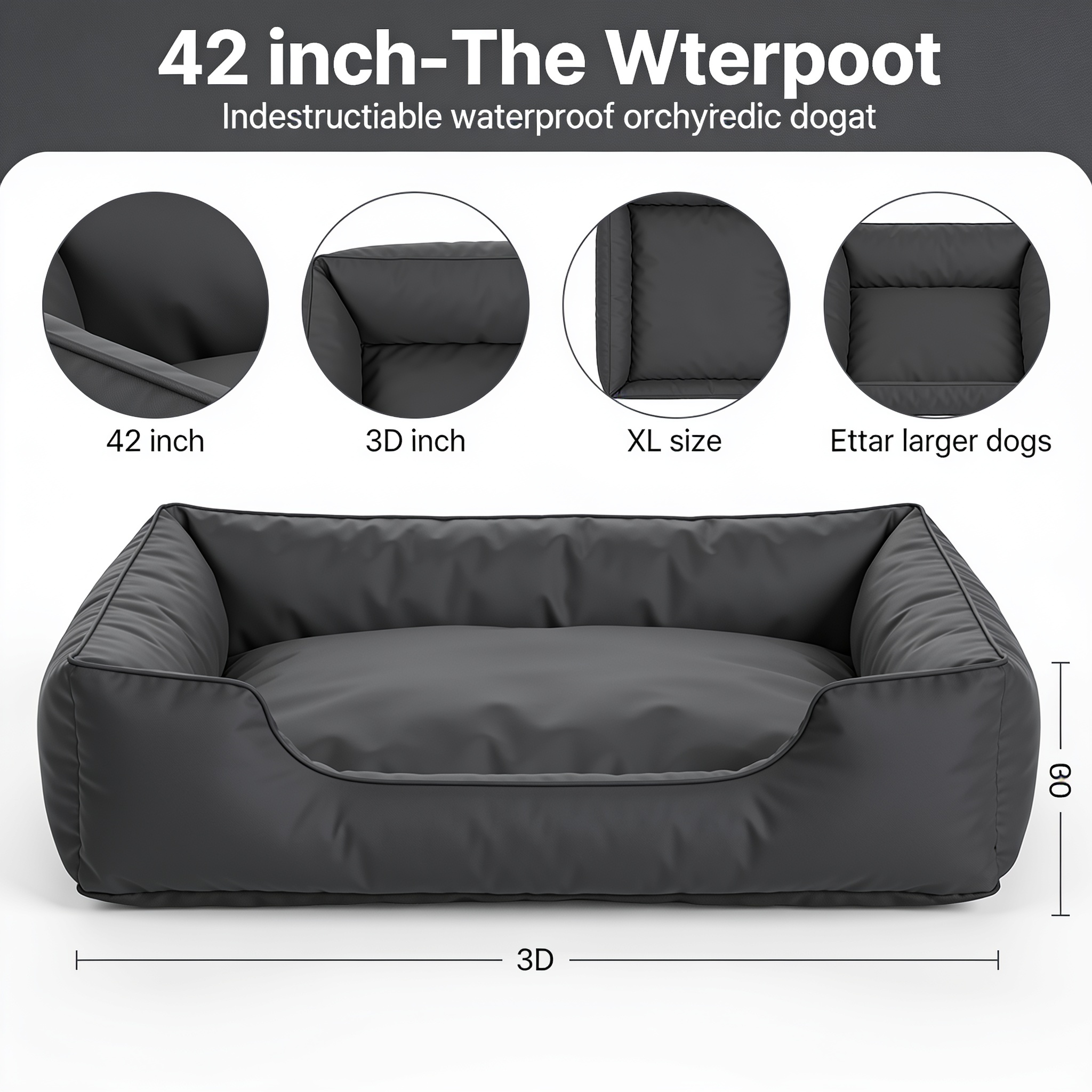 Bullockale Sytopia 42-Inch Indestructible Waterproof Orthopedic Dog Bed, Chew Proof XL Size for Extra Large Dogs, Supports Up to 100 lbs, Suitable for Indoor and Outdoor Use, Great Pet Gift for Crate, Dark Grey
